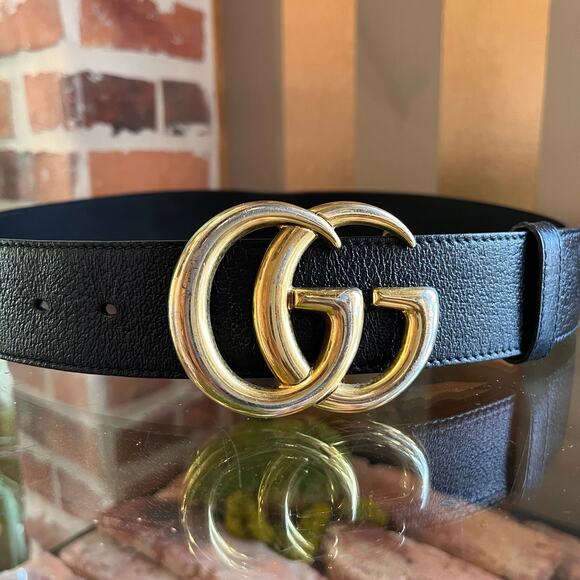 GUCCI GG Wide Marmont Black Textured Leather Belt SZ 90/36